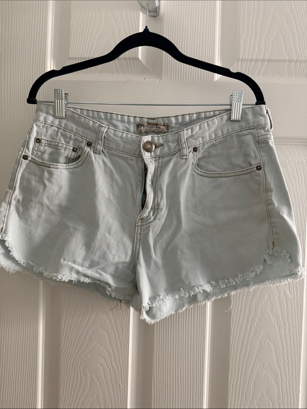 Free People Light Blue Frayed Hem Denim Shorts